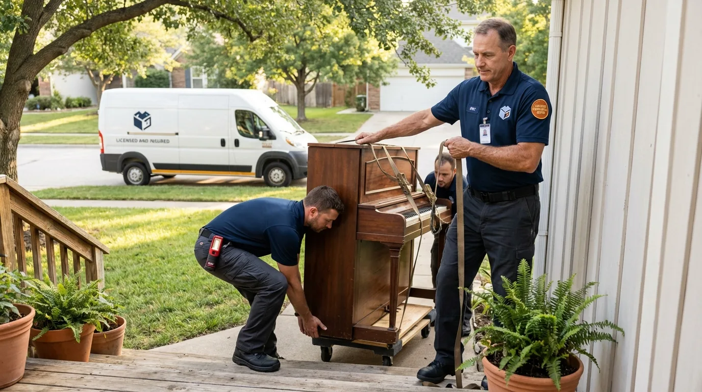Licensed piano movers securing grand piano in Zachary, LA